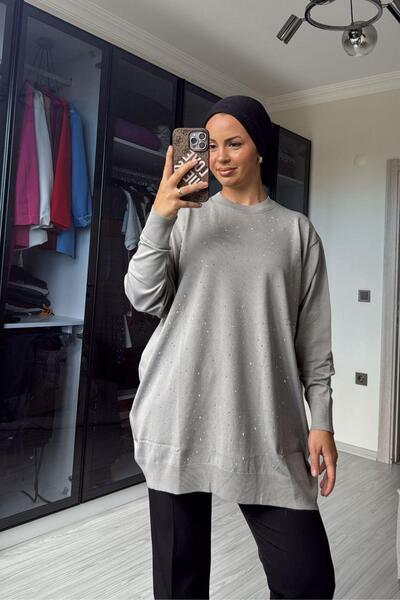 megapol giyim Women's Gray Stone Detailed Long Sweater