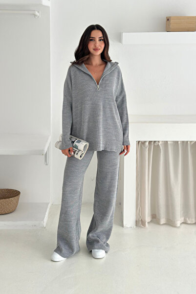 KIREK طقم تريكو نسائي كبير الحجم بسحاب نصفي باللون الرمادي