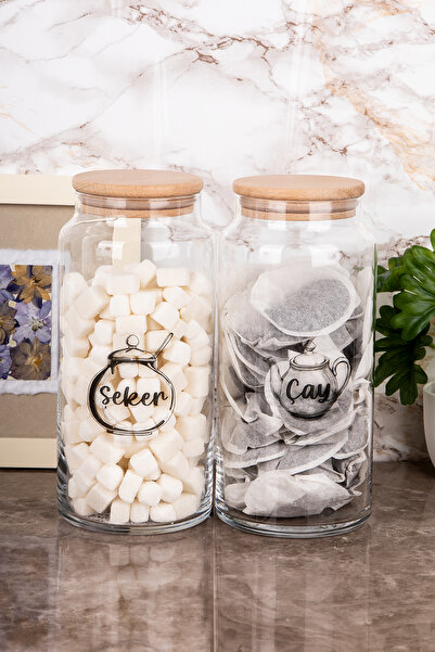 Minya Home 2'li Cam Kavanoz Seti Ahşap Vakum Kapaklı Çay Şeker Saklama Kabı Etiket Hediyeli 1300 ml