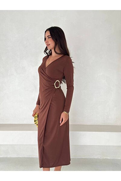 Violet Butik Didim Uzun Kollu Tokalı Kruvaze Elbise