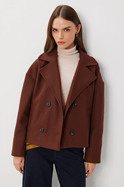 Lovelyİstanbul Dvouřadý krátký kabát s kashmírovým efektem LGP0029 HNĚDÝ