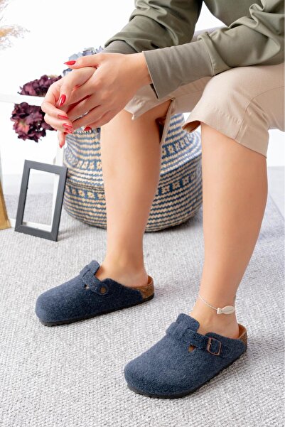 SBronze Unisex Kışlık Önü Kapalı Mantar Tabanlı Ortopedik Keçeli Günlük Ev Terliği Lacivert