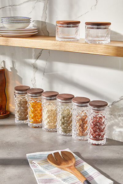 hapeed طقم توابل زجاجي من إيما مكون من 6 قطع مع أغطية خشبية مفرغة من الهواء