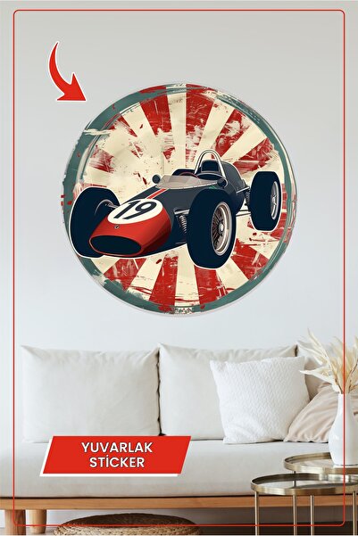 KOSS Dijital Retro Klasik Formula Yarış Arabası İllüstrasyonu Yuvarlak Sticke...
