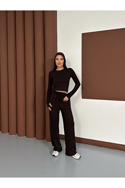 LE CARAMBOLE Women's Brown Stone Print Detailed Modal Fabric Bottom Top Set