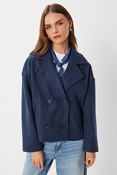 Lovelyİstanbul معطف قصير مزدوج الصدر LGP0029 باللون الأزرق الداكن