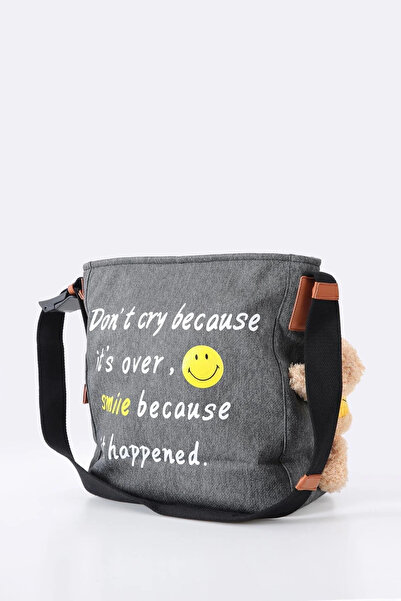 ÇÇS Women's Denim Fabric Emoji Printed Teddy Bear Accessory Detailed Zipper Closure Shoulder Bag