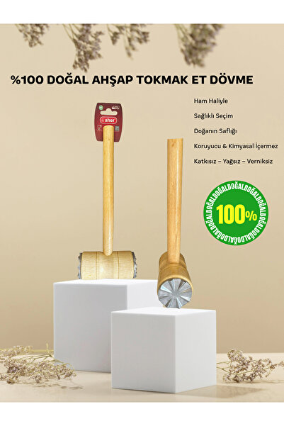 AHER 2'Li Doğal Ahşap tokmak ve havan et dövme kıracak paslanmaz çelik