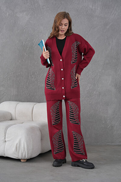 Miss Allos Women's Beaded and Embroidered Wide-Fit Knitwear Cardigan and Pants Top and Bottom Set