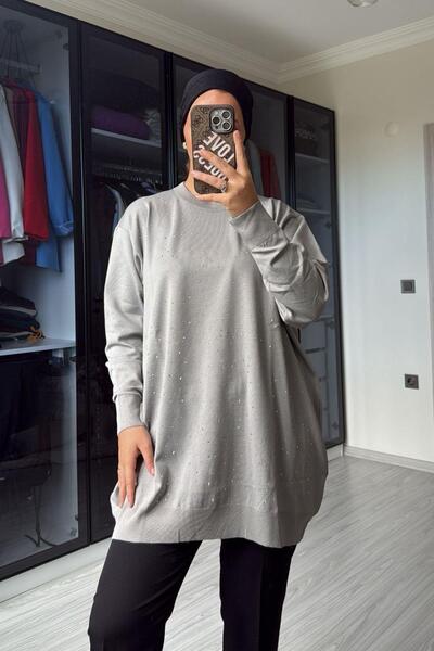 megapol giyim Women's Gray Stone Detailed Long Sweater