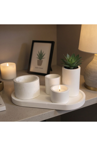 NİLCANDLE Dekoratif Beton Altlık - Beton Tealight Mumluk ve Saksı Seti – Deko...