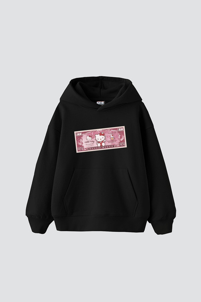 Sekizbiraltı H. Kitty Money Принтирана прекалено голяма унисекс черна качулка