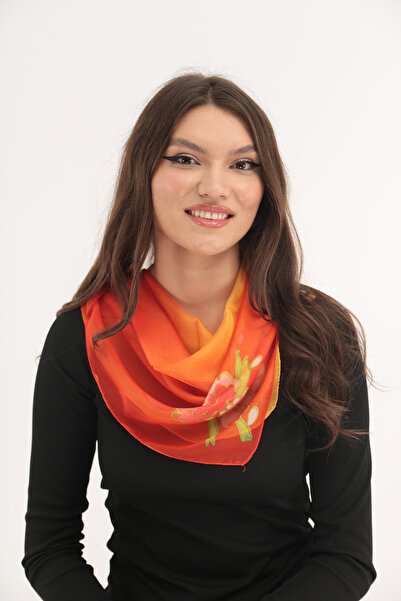 Trend Land Esarfa patrata din matase orange in degrade cu print floral