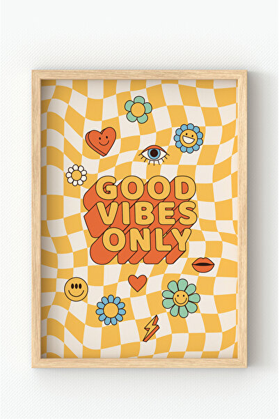 MIOVI Çerçeveli Retro Poster – Good Vibes Only Yazılı Duvar Tablosu, Renkli D...