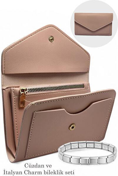 EVVELİ Kadın Orta boy Zarf Model Cüzdan ve İtalyan Charm Çelik Bileklik Seti