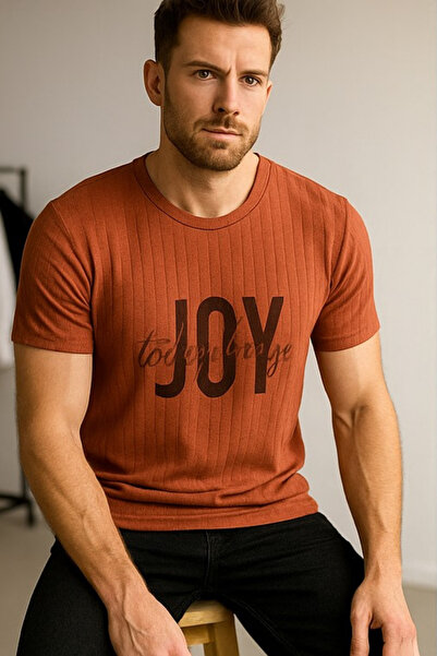 RANDOM Erkek Kiremit Rengi Rahat Kalıp Önyüzü Baskılı Tişört