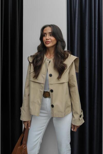 Havoş Bej Geniş Yaka Kısa Trençkot