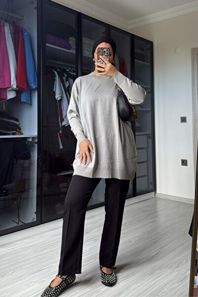 megapol giyim Women's Gray Stone Detailed Long Sweater