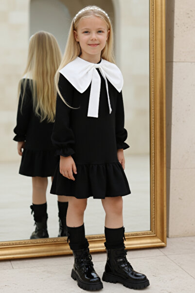 Parla Kids Kız Çocuk Rashel Siyah Elbise Beyaz Yakalı Fırfırlı Uzun Kol 23 Nisan 29 Ekim Gösteri Elbisesi