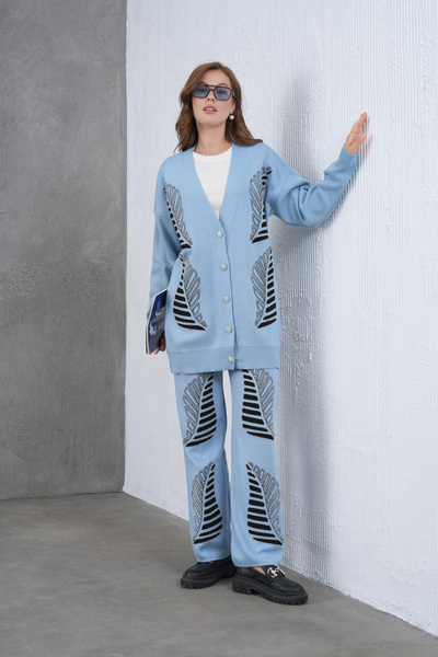 Miss Allos Women's Beaded and Embroidered Wide-Fit Knitwear Cardigan and Pants Top and Bottom Set