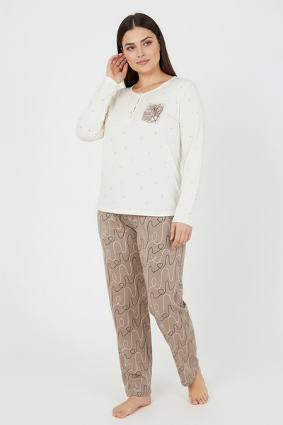 Bravie Elite Viscose Long Plus Size Pajama Set with Polka Dots on Top and Six-Line Pattern on the Bottom Ecru 3585