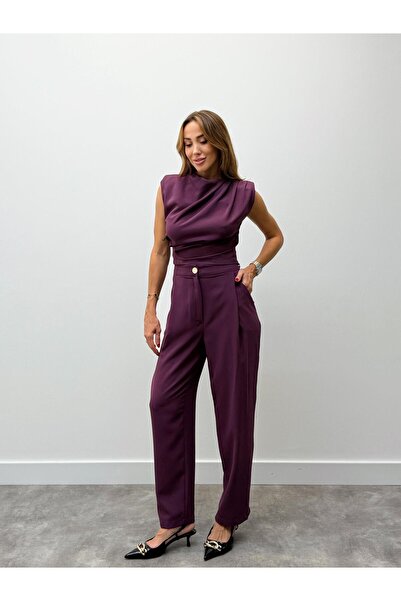 Maldia Shop Women's Padded Drape Detail Bottom Top Plum Pants Set