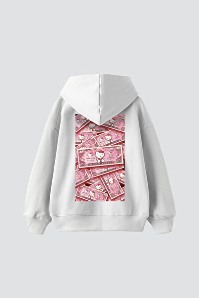 Sekizbiraltı H. Kitty Money Принтирана прекалено голяма унисекс бяла качулка