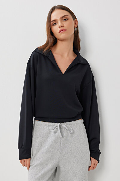 Lovelyİstanbul Polo Yaka Yumuşak Modal Sweatshirt LUB0253 SİYAH