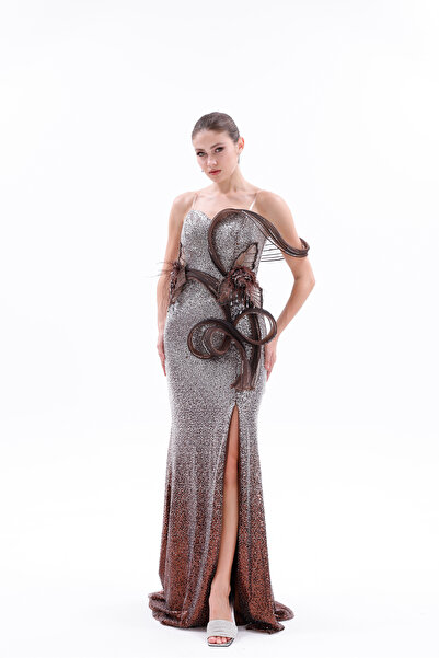 BDM Exclusive Straplez Aplikeli Pul Payetli İşlemeli Yırtmaçlı Uzun Saten Abi...