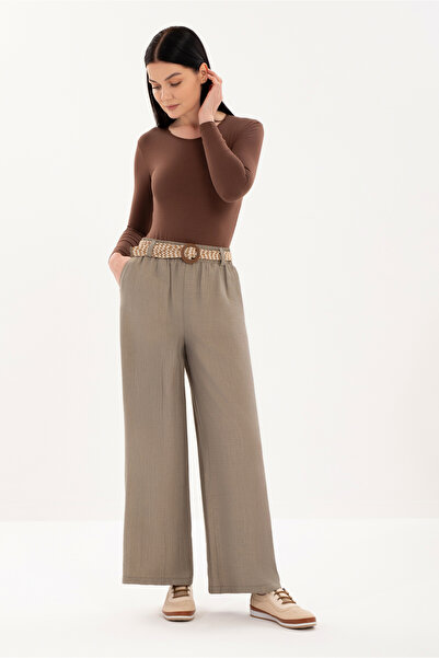 Guzella Wide Pants with Elastic Waist and Ribbed Texture