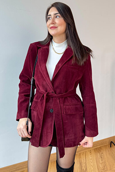 Cappmoda Ckt-250561 Burgundy Lined Belted Suede Blazer Jacket