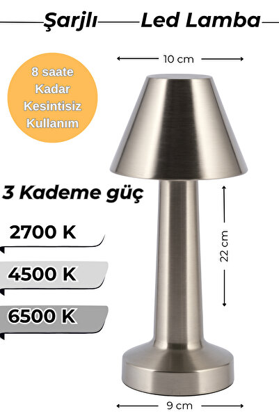 ga gözde aydınlatma Gümüş ♦ Şarjlı LED Masa Lambası ♦ 3 Kademeli Işık Renkli ...
