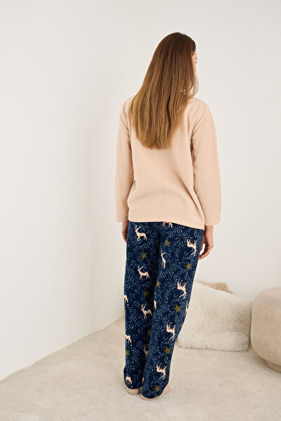 Siyah İnci Σετ χειμερινής πλεκτής πιτζάμας με κέντημα από φλις με σχέδιο σολομού και ελάφι