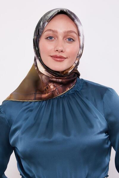 Levidor Μεταξωτό μαντήλι Sura με χακί βιολετί σχέδιο