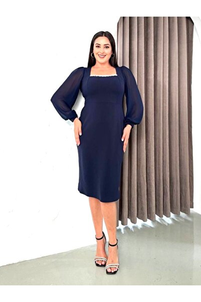 Şirin Butik Women's Navy Blue Plus Size Stretchy Evening Dress with Stone Detail