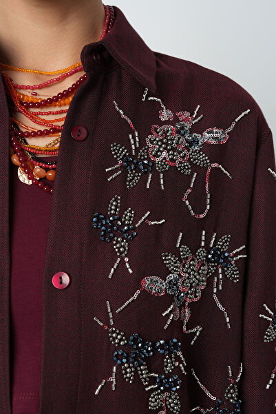 Orfeo Negro Women's Burgundy Color Oversize Shirt with Beading on the Front
