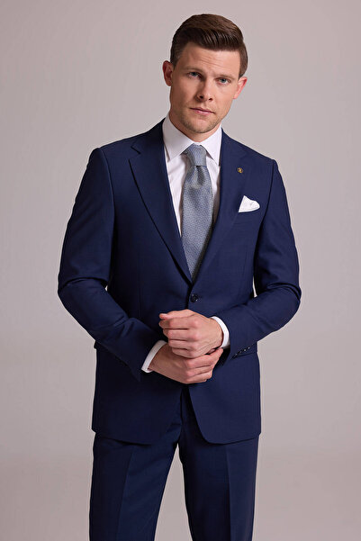 Ysf Erkek Lacivert Regular Fit Kareli Yün Mono Yakalı Takım Elbise