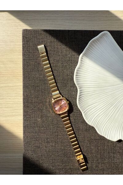 rubsey Öztel Vintage Minimalist Metal Kordon Vintage Kadın Kol Saati İçi Pembe