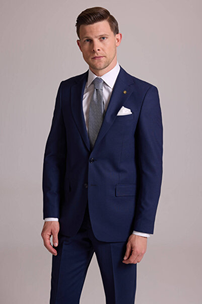 Ysf Erkek Lacivert Regular Fit Kareli Yün Mono Yakalı Takım Elbise
