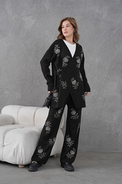 Miss Allos Women's Beaded and Embroidered Side-Tie Wide-Fit Knit Cardigan and Pants Set