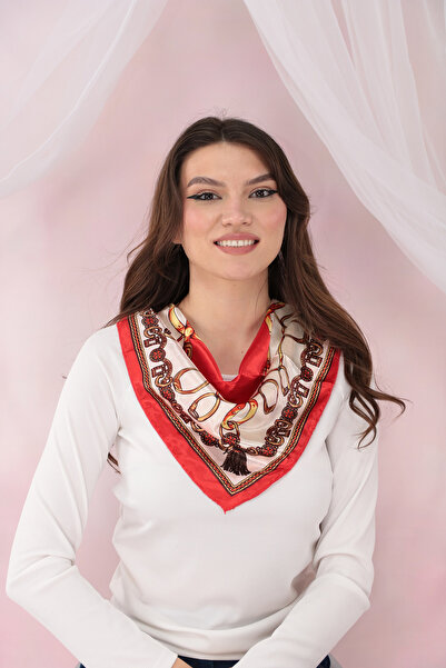 Trend Land Esarfa patrata satinata cu bordura rosie si print abstract rosu-galben