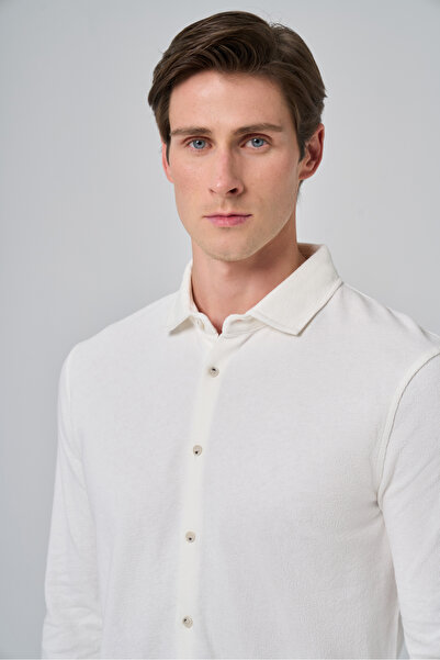 Morven Men's Ecru Cotton Trend Tree Bark Pattern Dynamic Fit Italian Collar Shirt