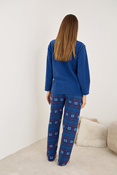 Siyah İnci Синій з візерунком на тему снігу Вишитий полярний зимовий трикотажний піжамний комплект