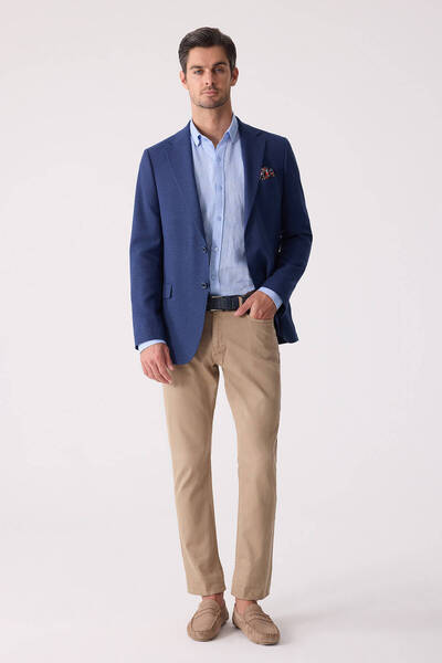 Ysf Men's Navy Blue Regular Fit Linen Blend Mono Collar Jacket