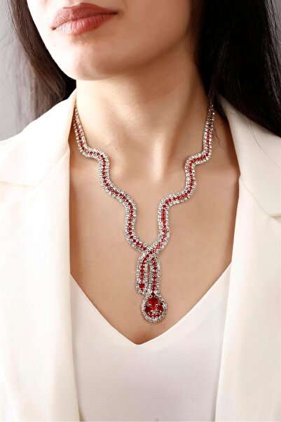BİJUTERRİ Gümüş Kaplama Su Yolu Kolye Kırmızı Taşlı Yılan Tasarım Kolye Kadın...