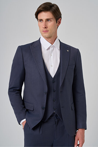 Morven Erkek Lacivert Poliviskon Yelekli Trend Desenli Slim Fit Sivri Yaka Takım Elbise