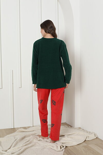 Siyah İnci Green Christmas Themed Embroidered Fleece Winter Knitted Pajama Set