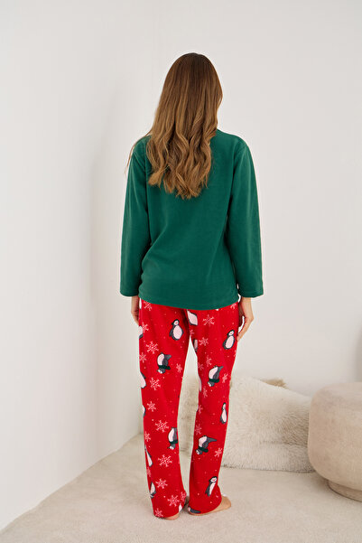 Siyah İnci πράσινος πιγκουίνος Κεντημένο με σχέδια Φλις Χειμερινό Πλεκτό Σετ Πιτζάμες