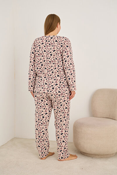 Siyah İnci Salmon Heart Pattern Embroidered Plus Size Fleece Winter Knitted Pajamas Set