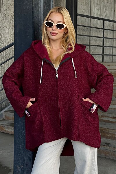 VAGGON Women's Burgundy Coat with Pockets, Hooded, Zipper Closure, Cashmere Coat Vs01289